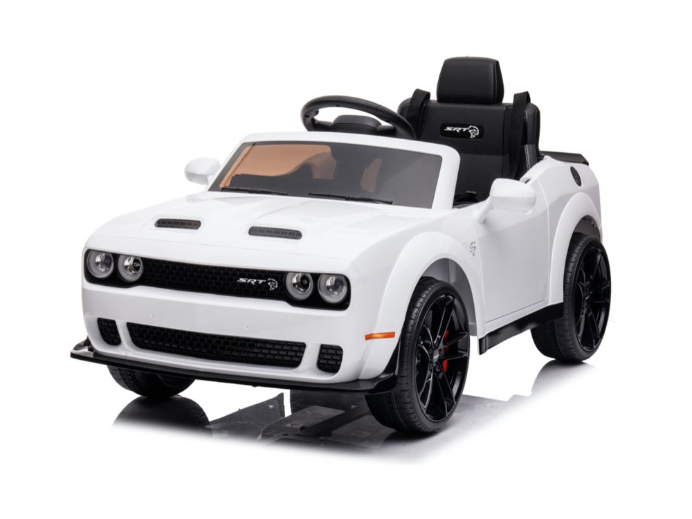 Dodge Challenger SRT weiß, 12V Kinderauto, Musik, MP3, Beleuchtung, Leder Sitz, Gummi Reifen