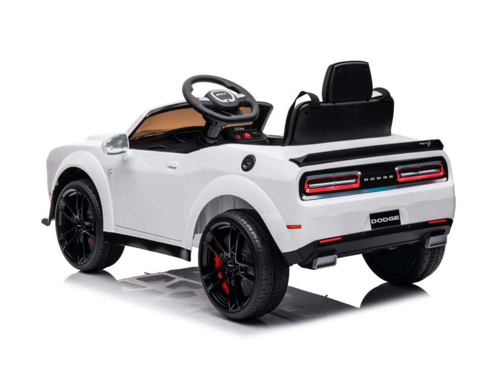 Dodge Challenger SRT weiß, 12V Kinderauto, Musik, MP3, Beleuchtung, Leder Sitz, Gummi Reifen