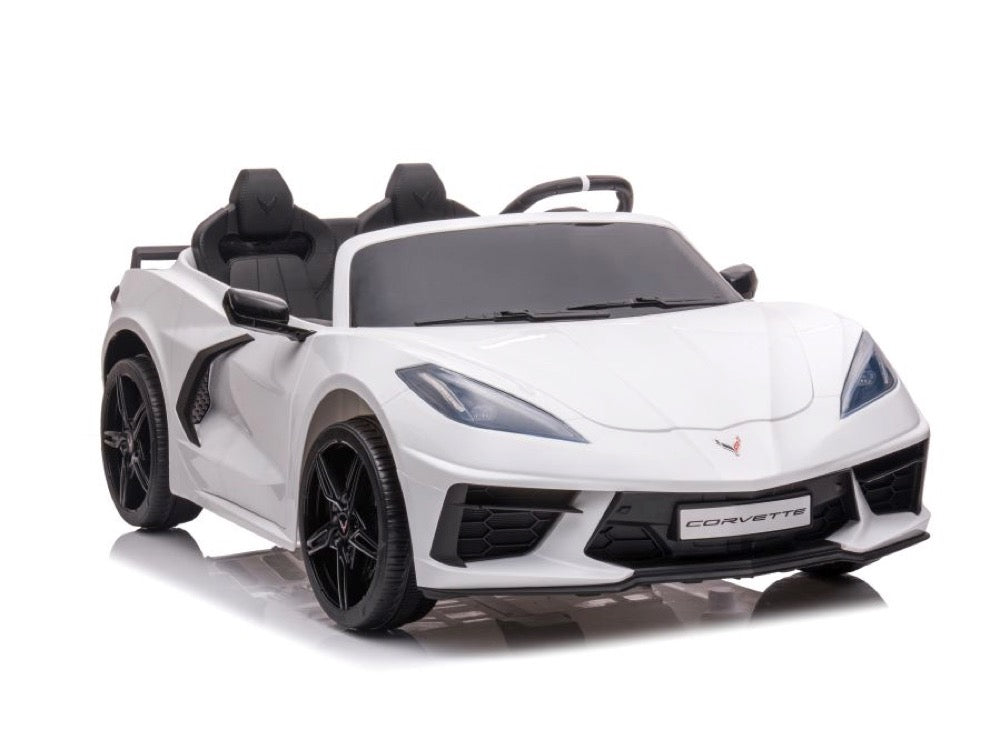 Corvette Stingray weiß, 12V Kinderauto, Zweisitzer, Musik, MP3, Beleuchtung, Leder Sitz, Gummi Reifen