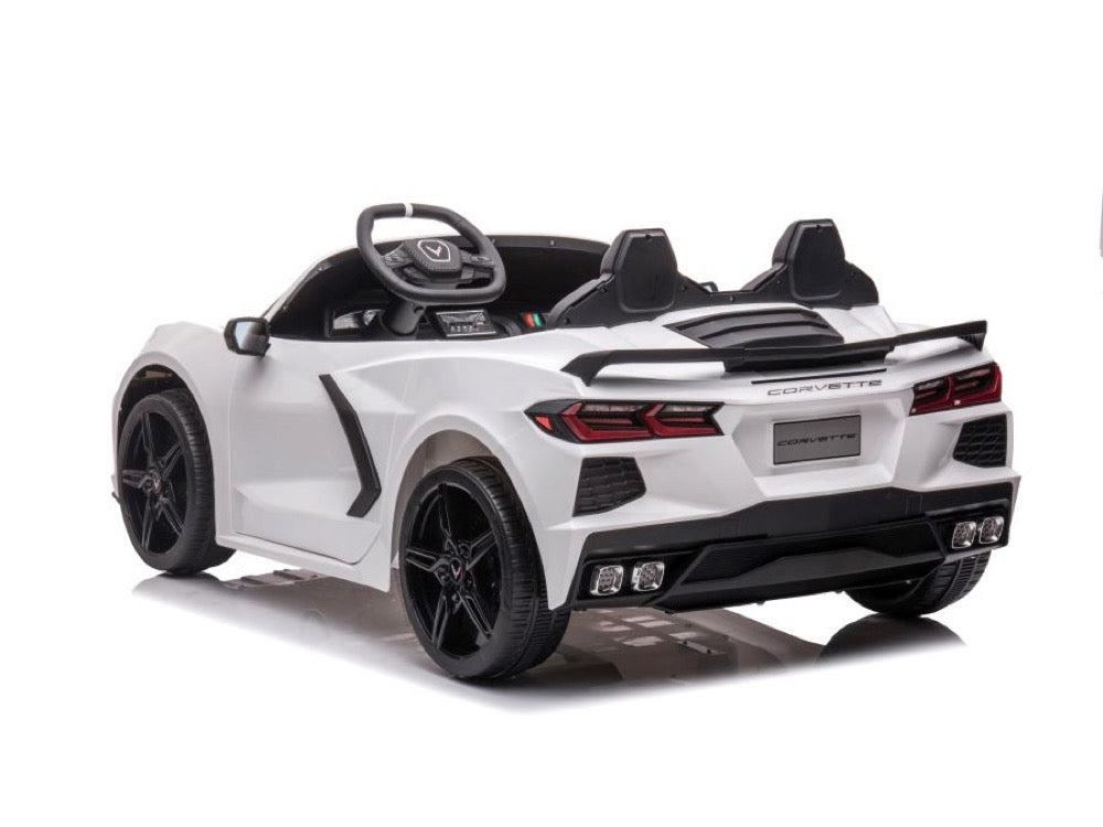 Corvette Stingray weiß, 12V Kinderauto, Zweisitzer, Musik, MP3, Beleuchtung, Leder Sitz, Gummi Reifen